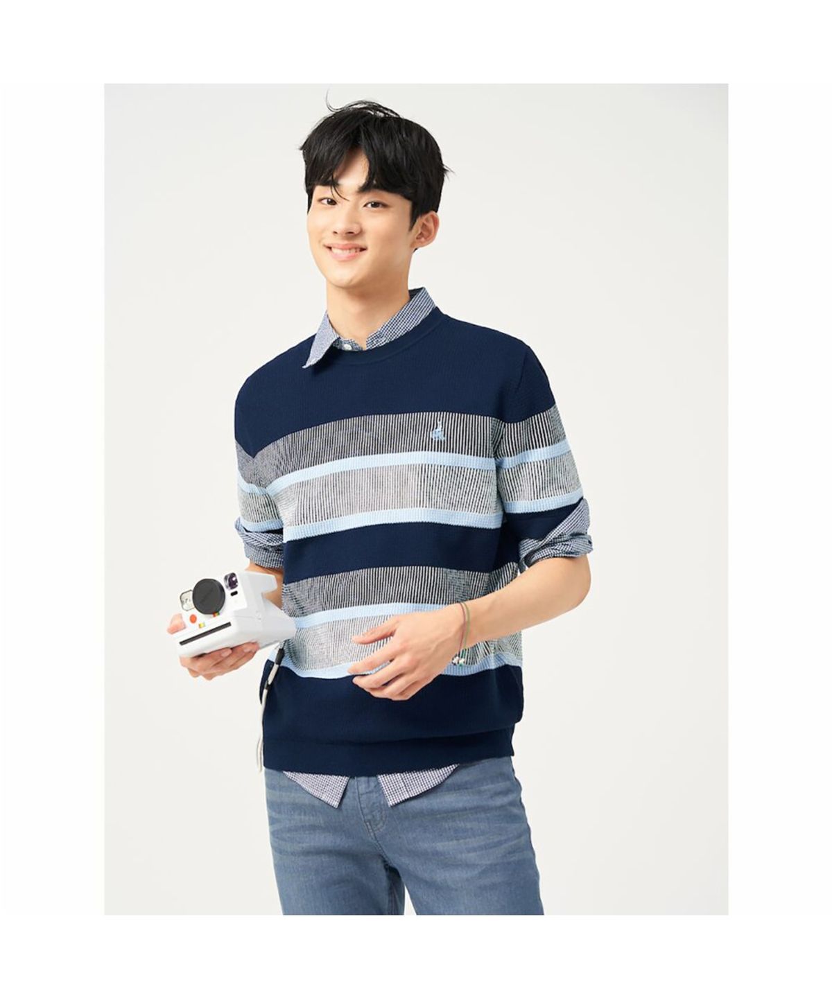 빈폴 멘(BEANPOLE MEN) 블록 패턴 라운드 니트  네이비 (BC5351C33R)