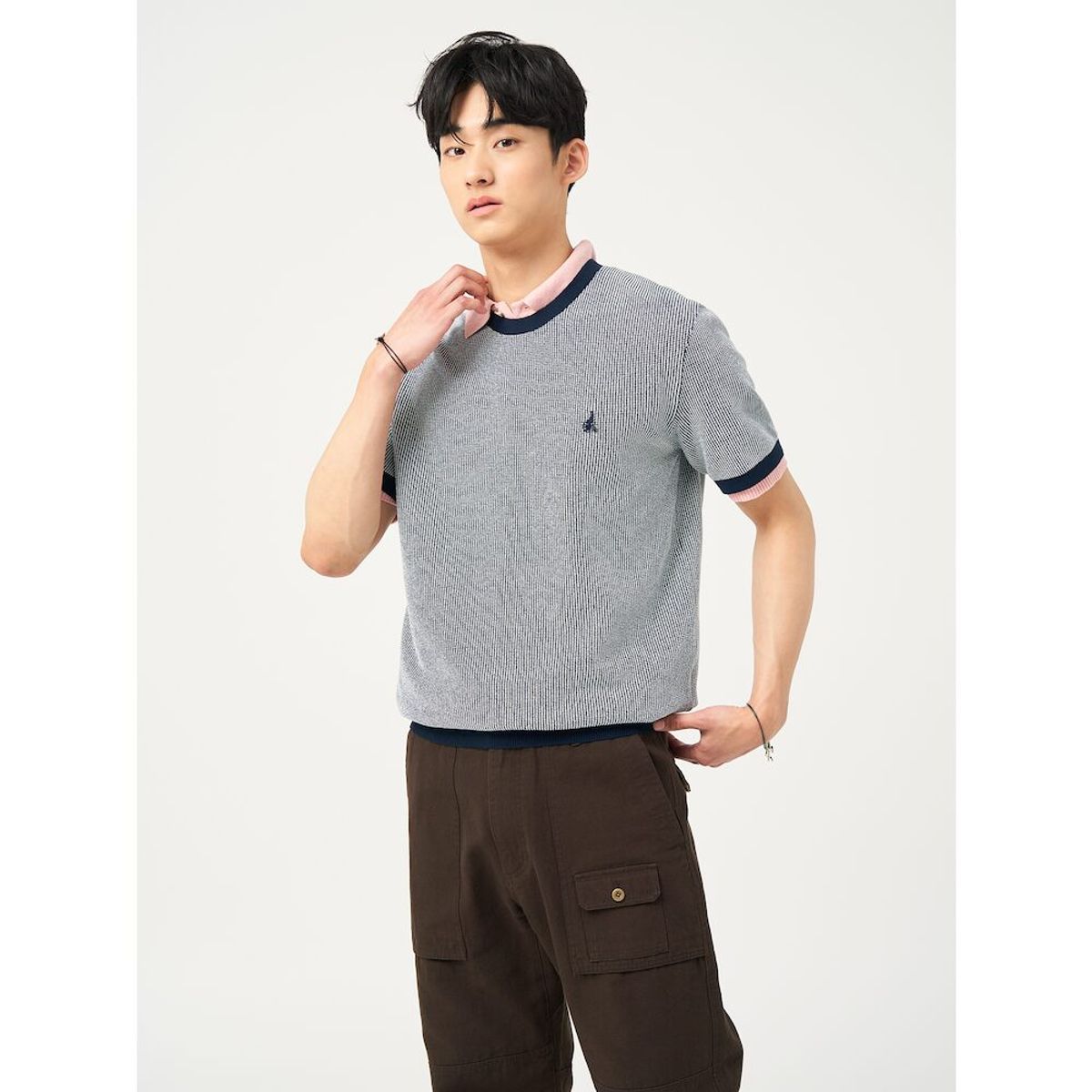 빈폴 멘(BEANPOLE MEN) [빈폴솔솔니트] 투톤 텍스처 라운드 니트  네이비 (BC5351C31R)