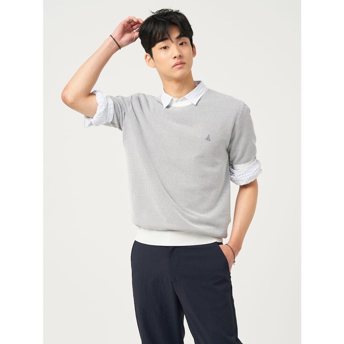 빈폴 멘(BEANPOLE MEN) [빈폴솔솔니트] 투톤 텍스처 라운드 니트  그레이
