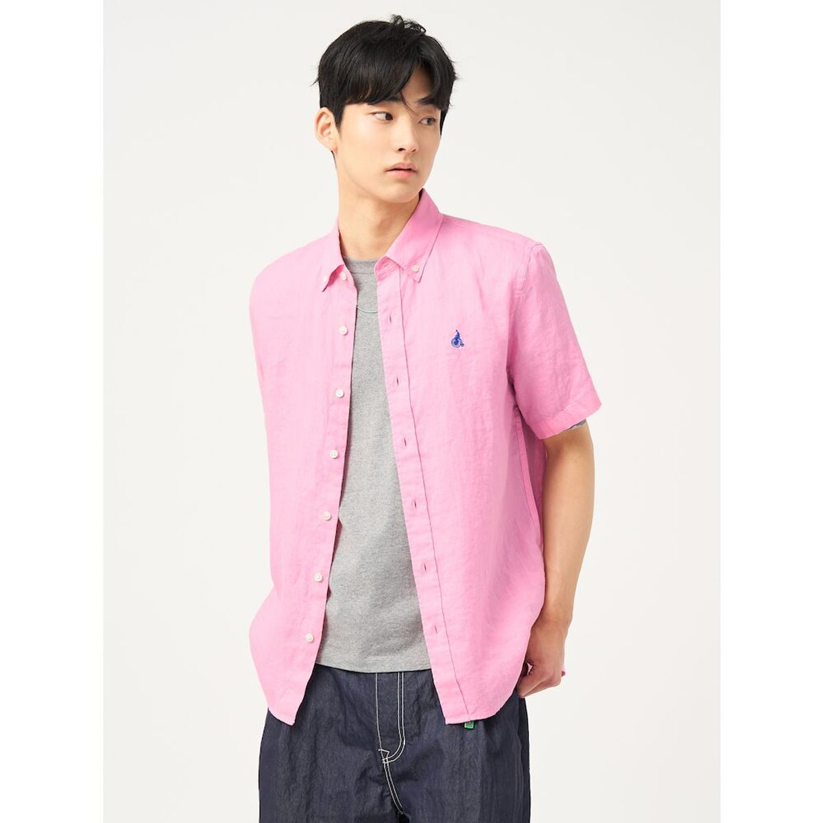 빈폴 멘(BEANPOLE MEN) 리넨 솔리드 반소매 셔츠  라이트 핑크