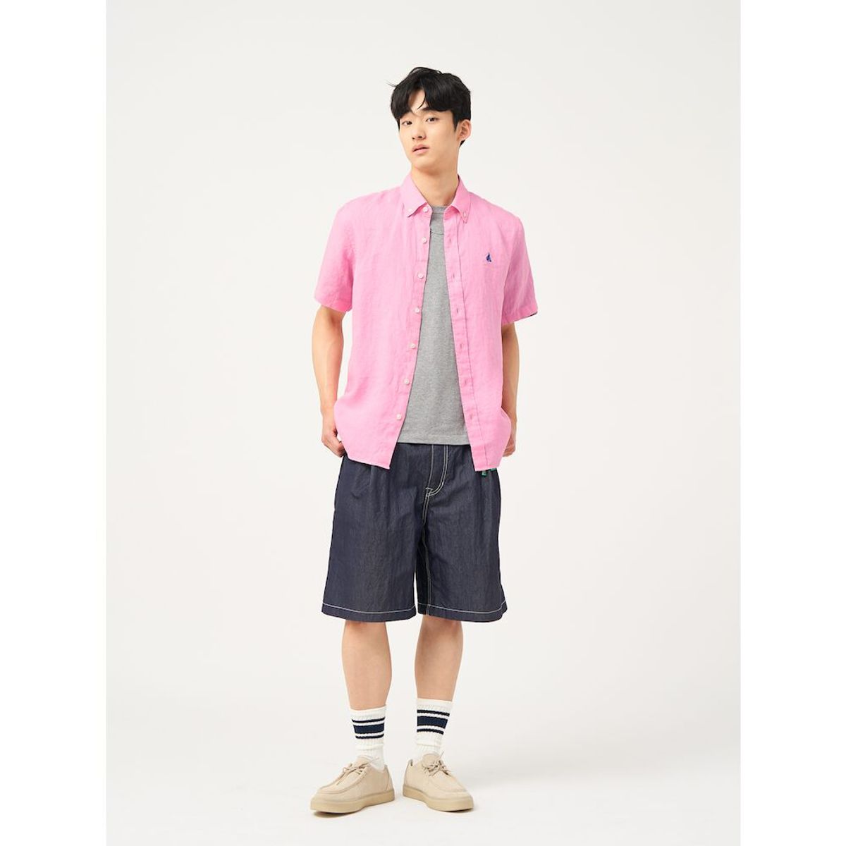 빈폴 멘(BEANPOLE MEN) 리넨 솔리드 반소매 셔츠  라이트 핑크