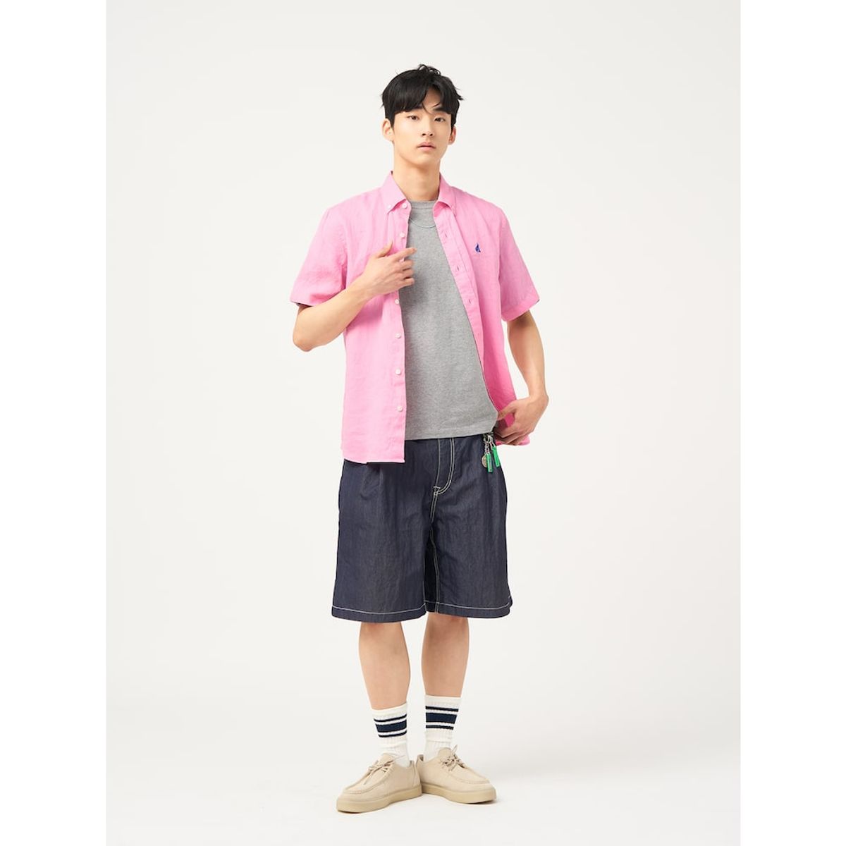 빈폴 멘(BEANPOLE MEN) 리넨 솔리드 반소매 셔츠  라이트 핑크