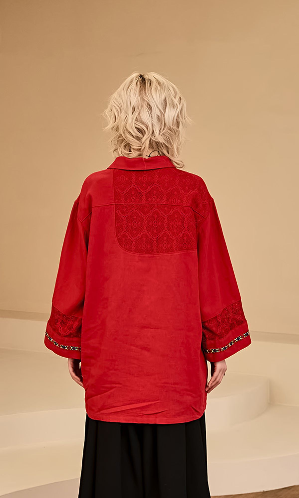 레큘리(RECULER) Lace color combination linen shirts Red