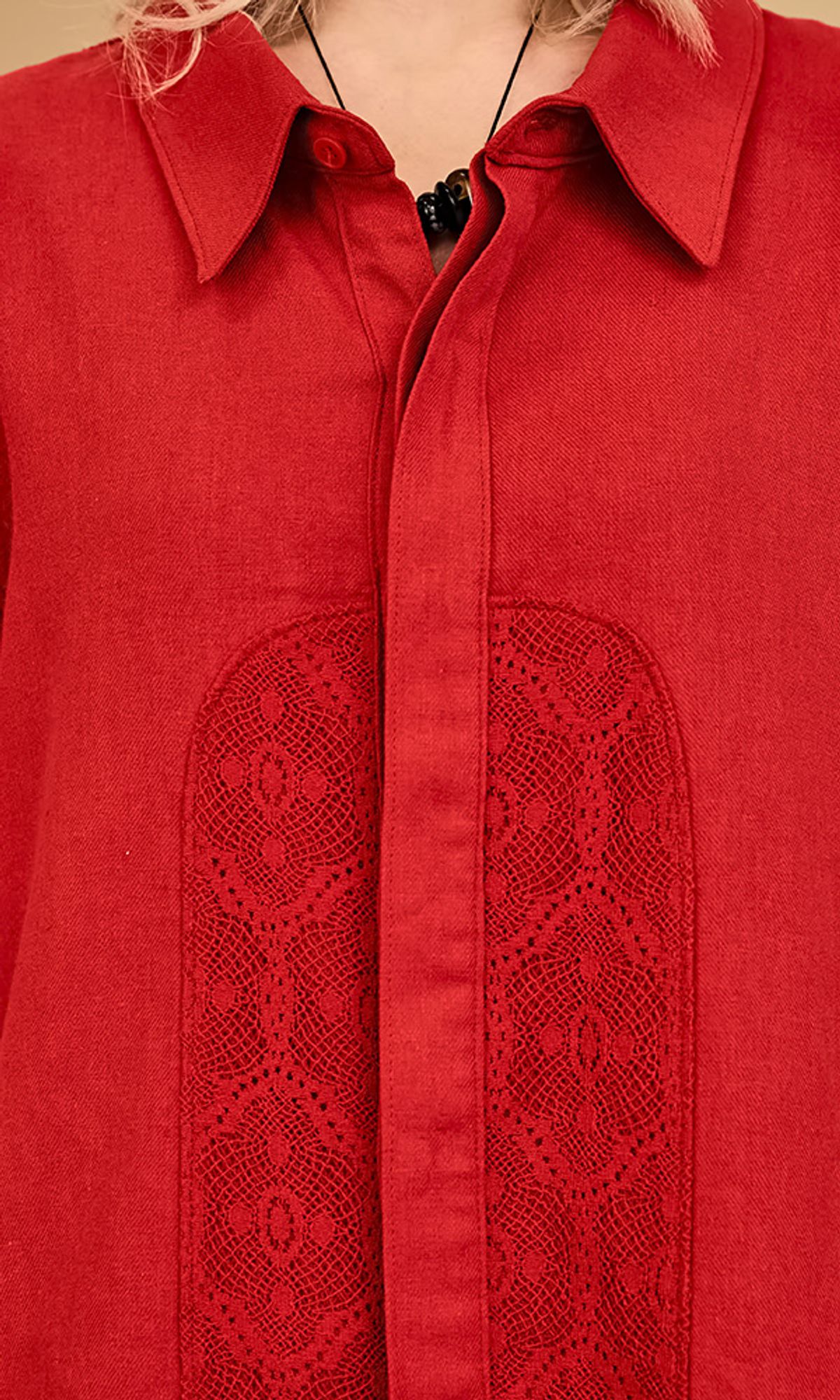 레큘리(RECULER) Lace color combination linen shirts Red