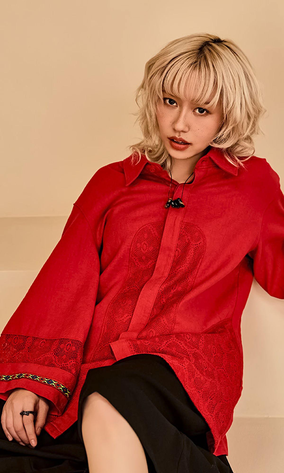 레큘리(RECULER) Lace color combination linen shirts Red
