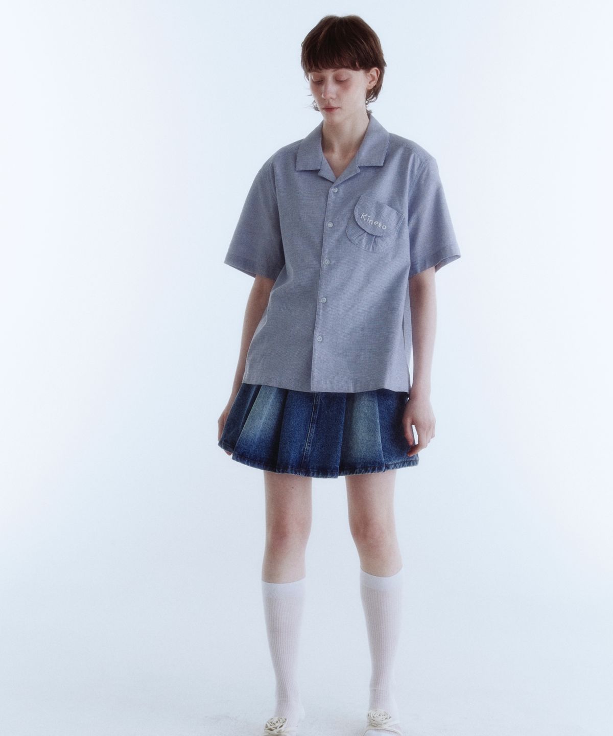 키네토(KINETO) 우먼_오픈 카라 포켓 셔츠_네이비