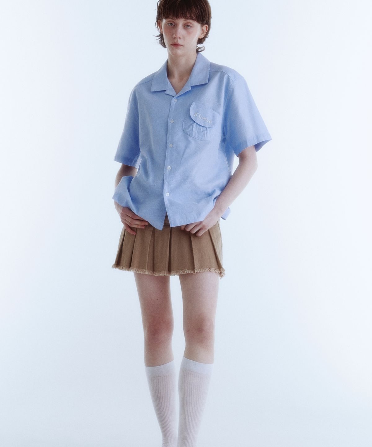 키네토(KINETO) 우먼_오픈 카라 포켓 셔츠_스카이 블루