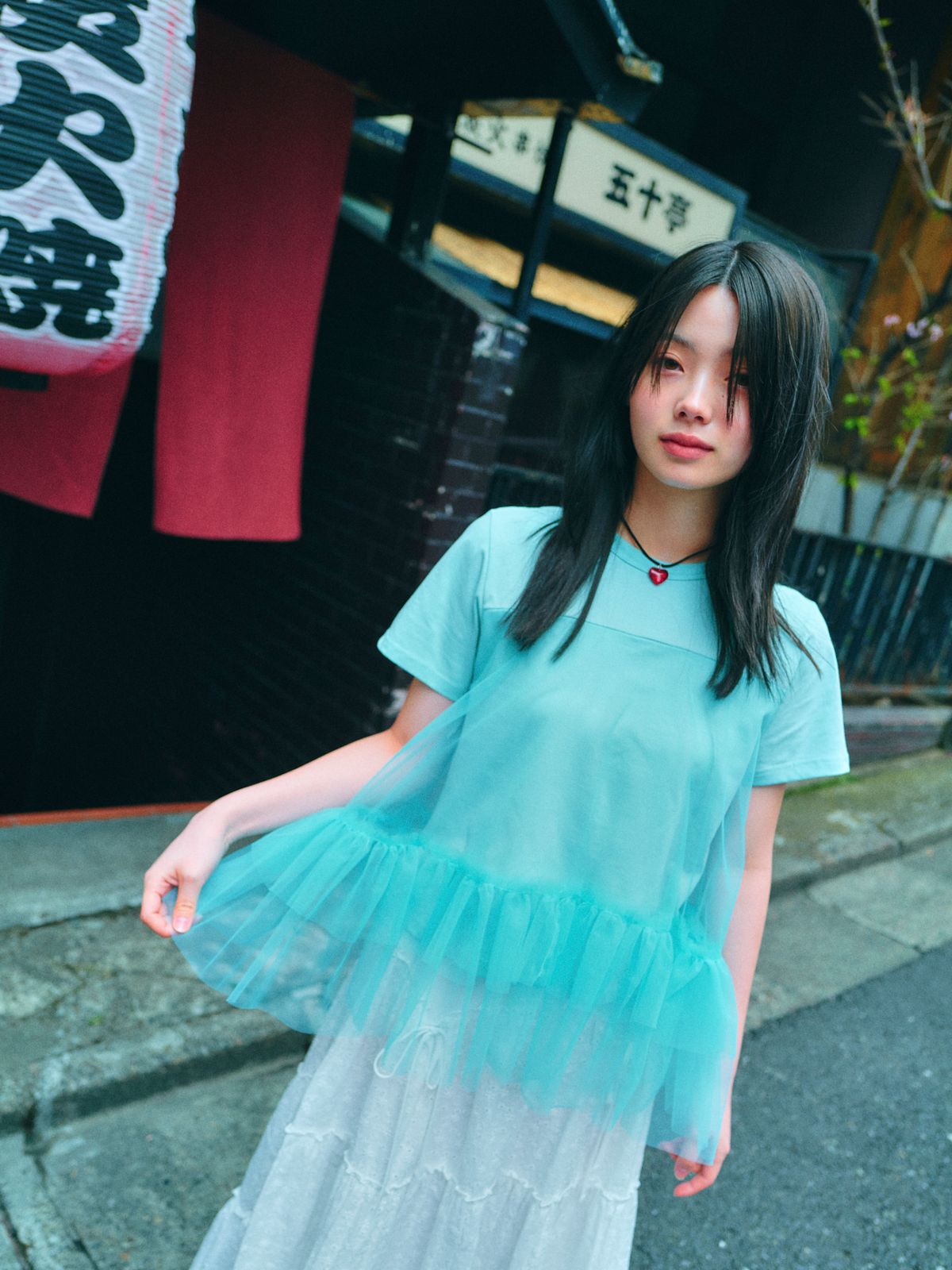 로액슈얼(LO AXUAL) MESH LAYERD FRILL T-SHIRTS_MINT