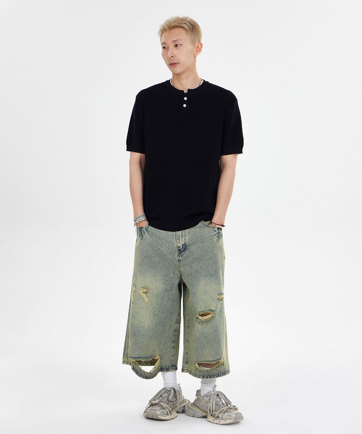 메이킷투(MAKEITTO) 헨리넥 와플 반팔 티셔츠_블랙