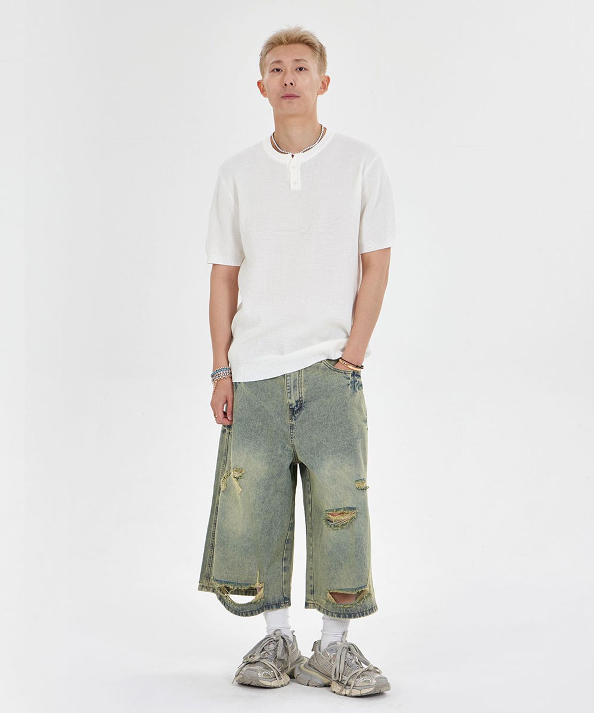 메이킷투(MAKEITTO) 헨리넥 와플 반팔 티셔츠_화이트