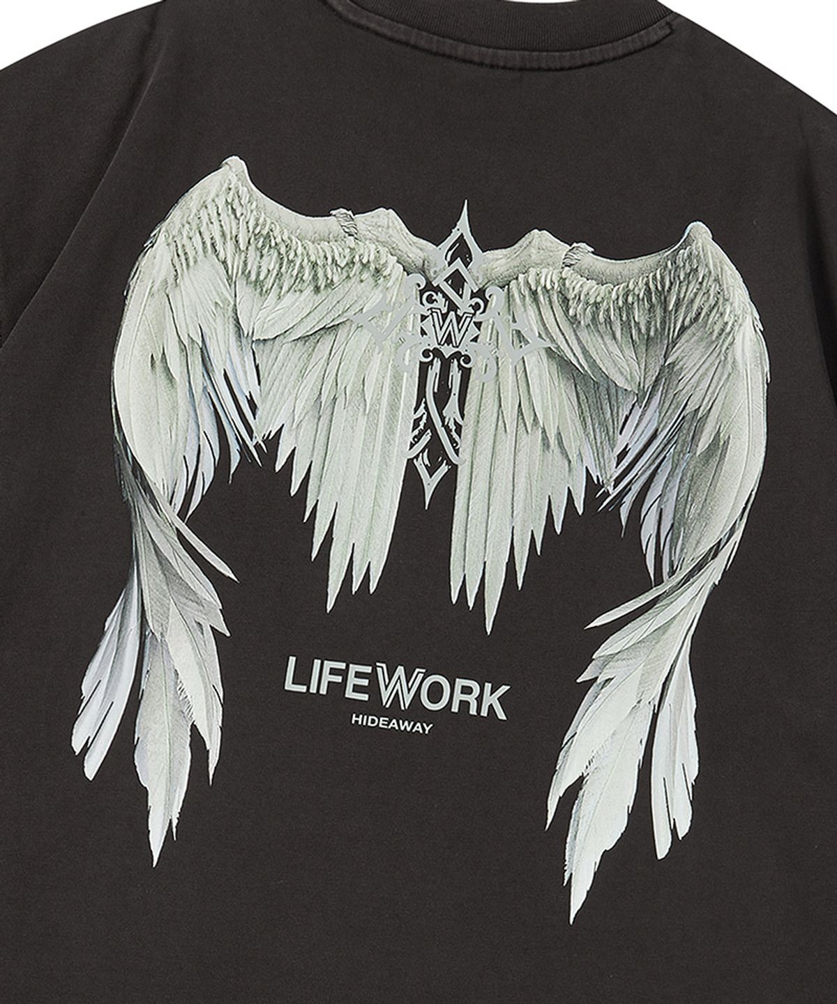 라이프워크(LIFEWORK) 날개 프린트 가먼트다잉 반팔 티셔츠