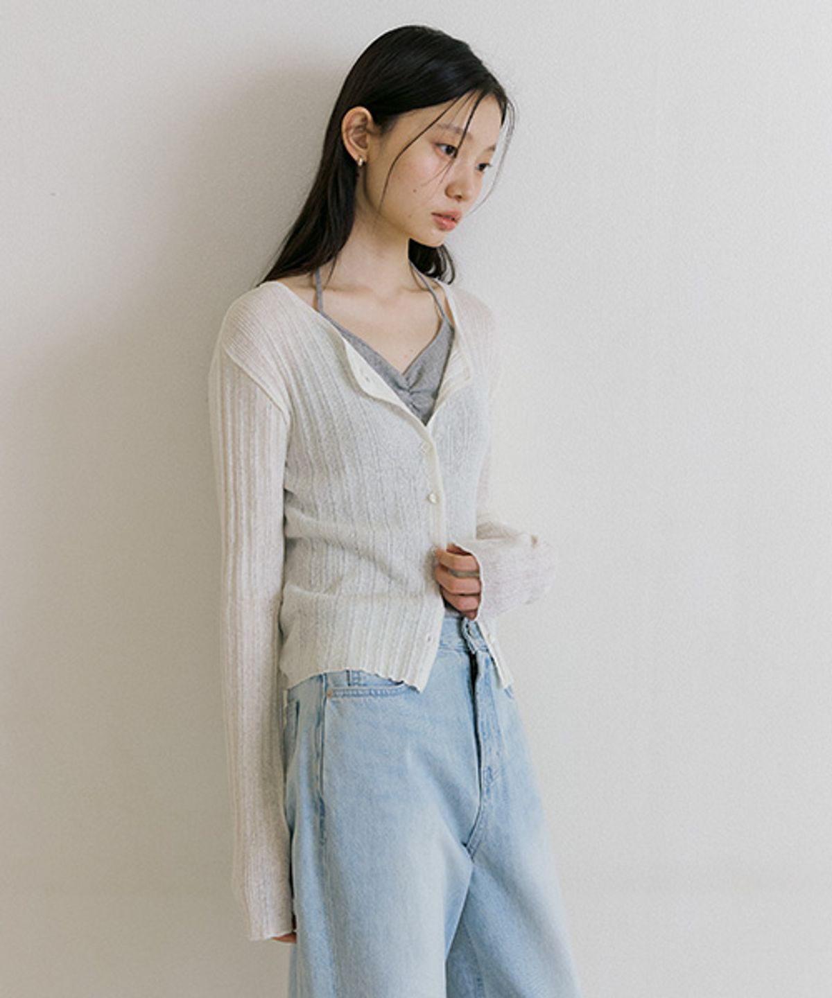 링서울(LINGSEOUL) linen blended ribbed knit cardigan-ivory