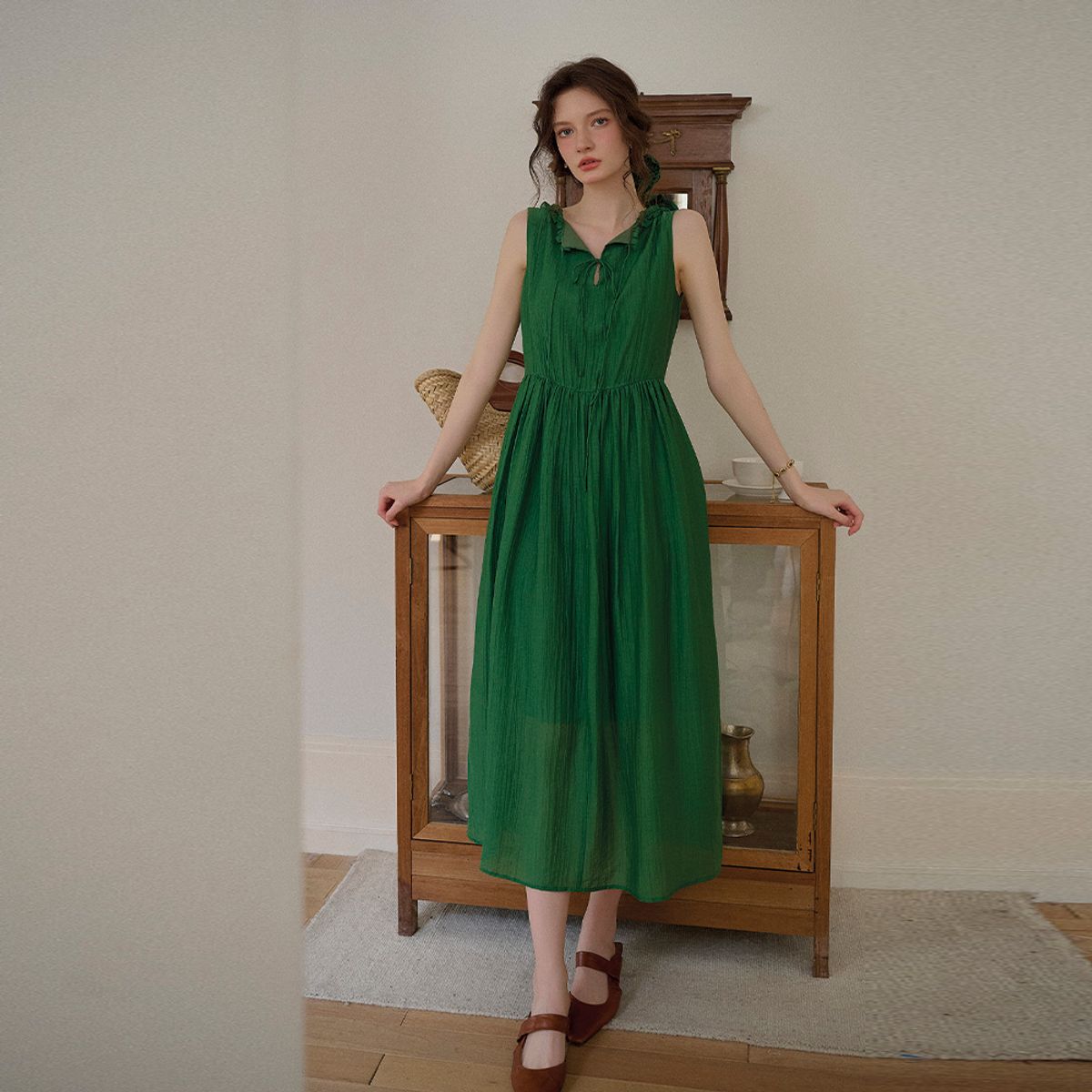 심플레트로(SIMPLE RETRO) SR_Tencel crepe texture dress_GREEN