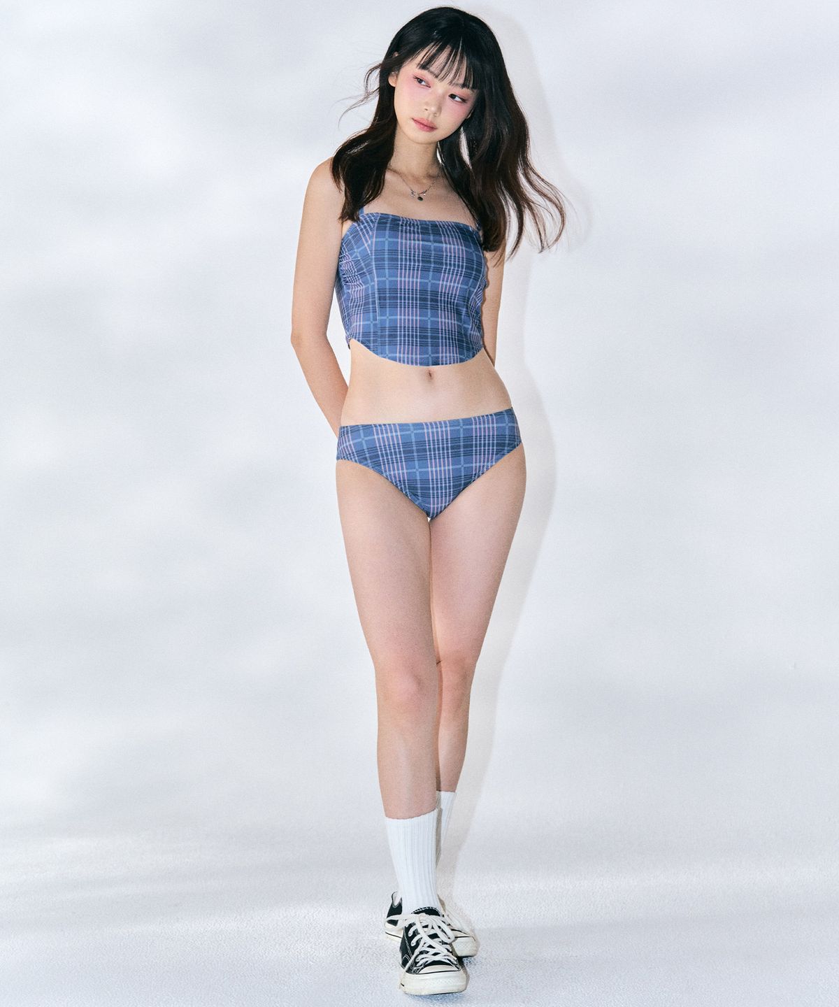 제로플래닛(ZEROPLANET) 체크 뷔스티에 비키니 세트 [NAVY]