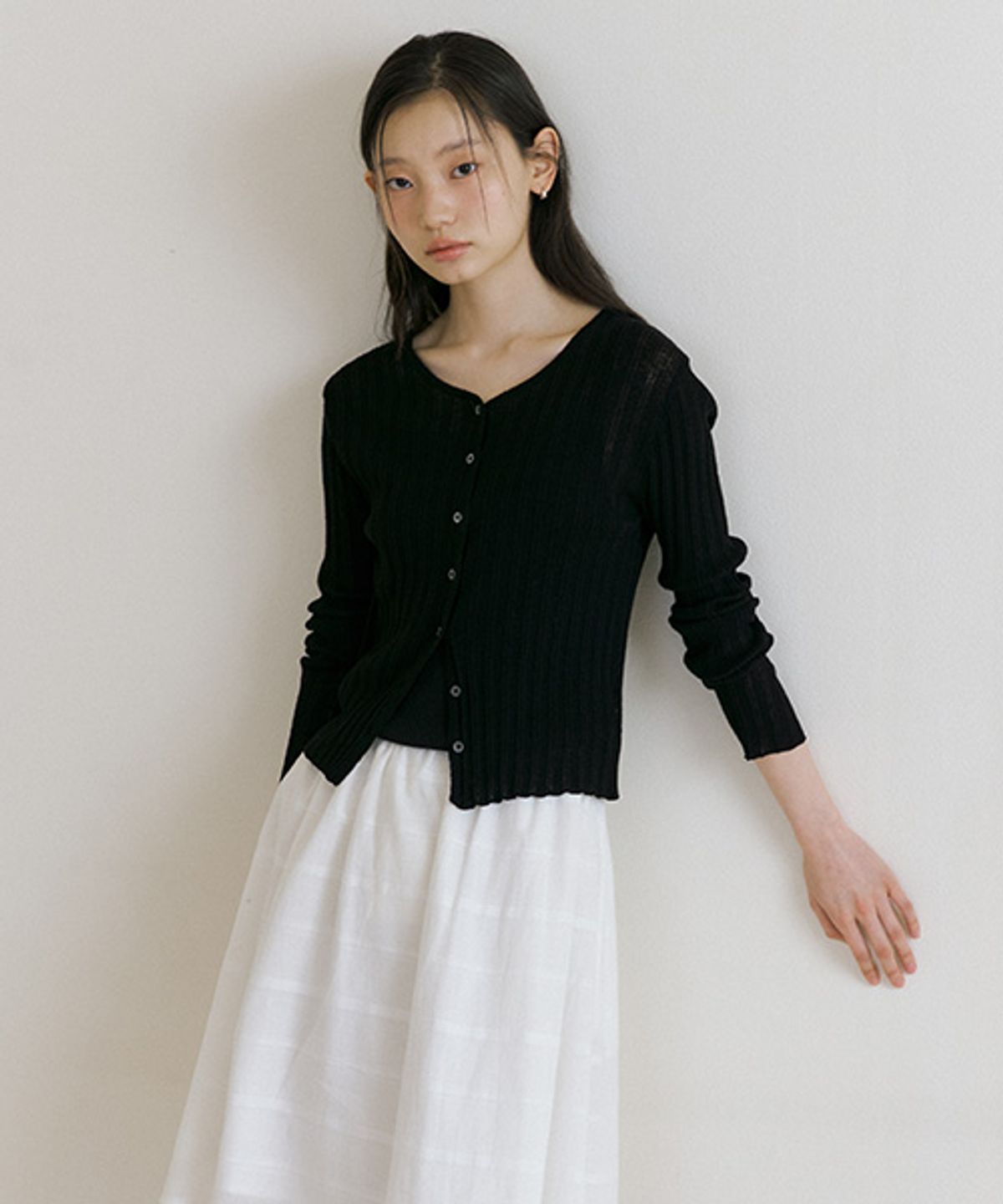 링서울(LINGSEOUL) linen blended ribbed knit cardigan-black