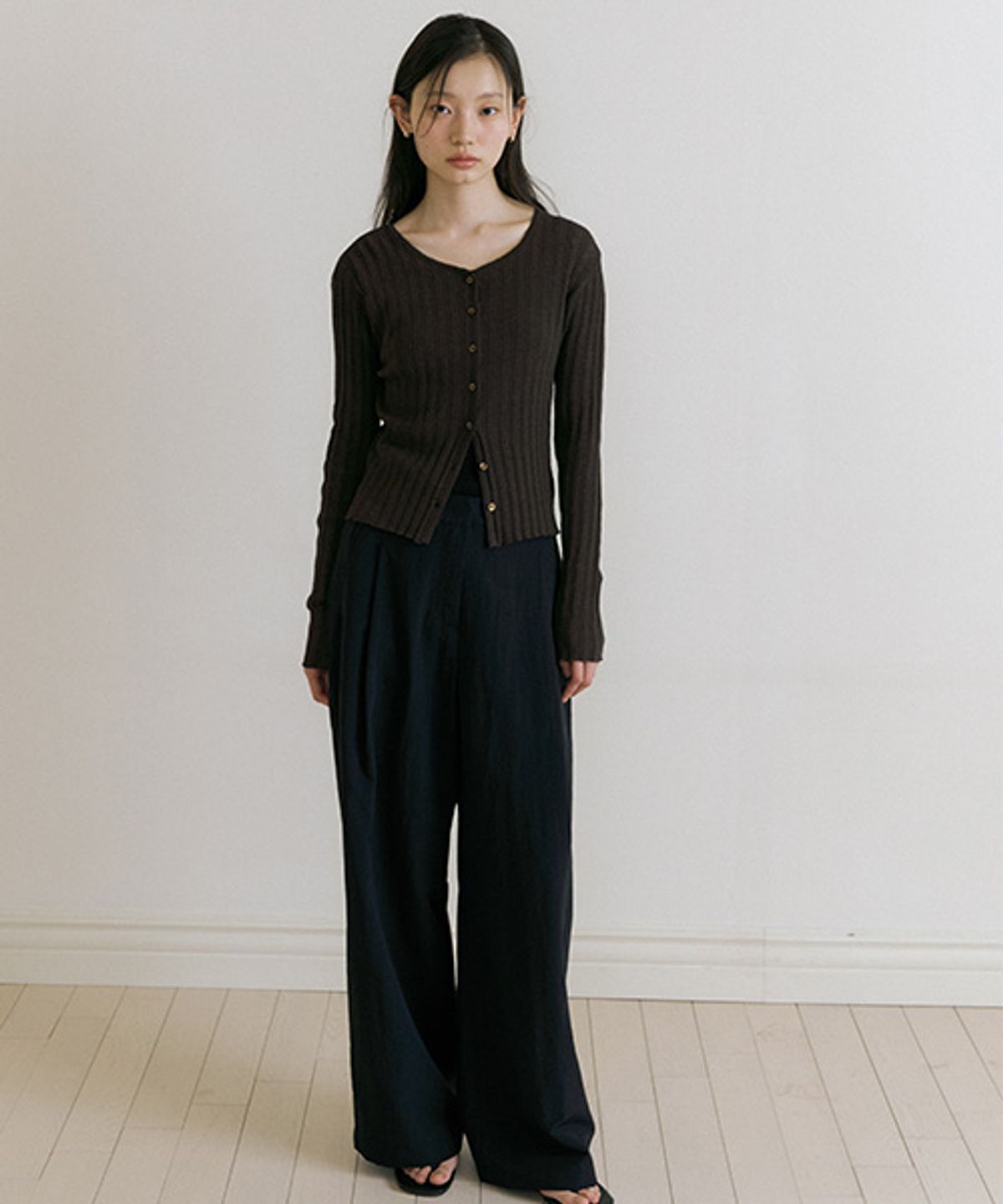 링서울(LINGSEOUL) linen blended ribbed knit cardigan-brown