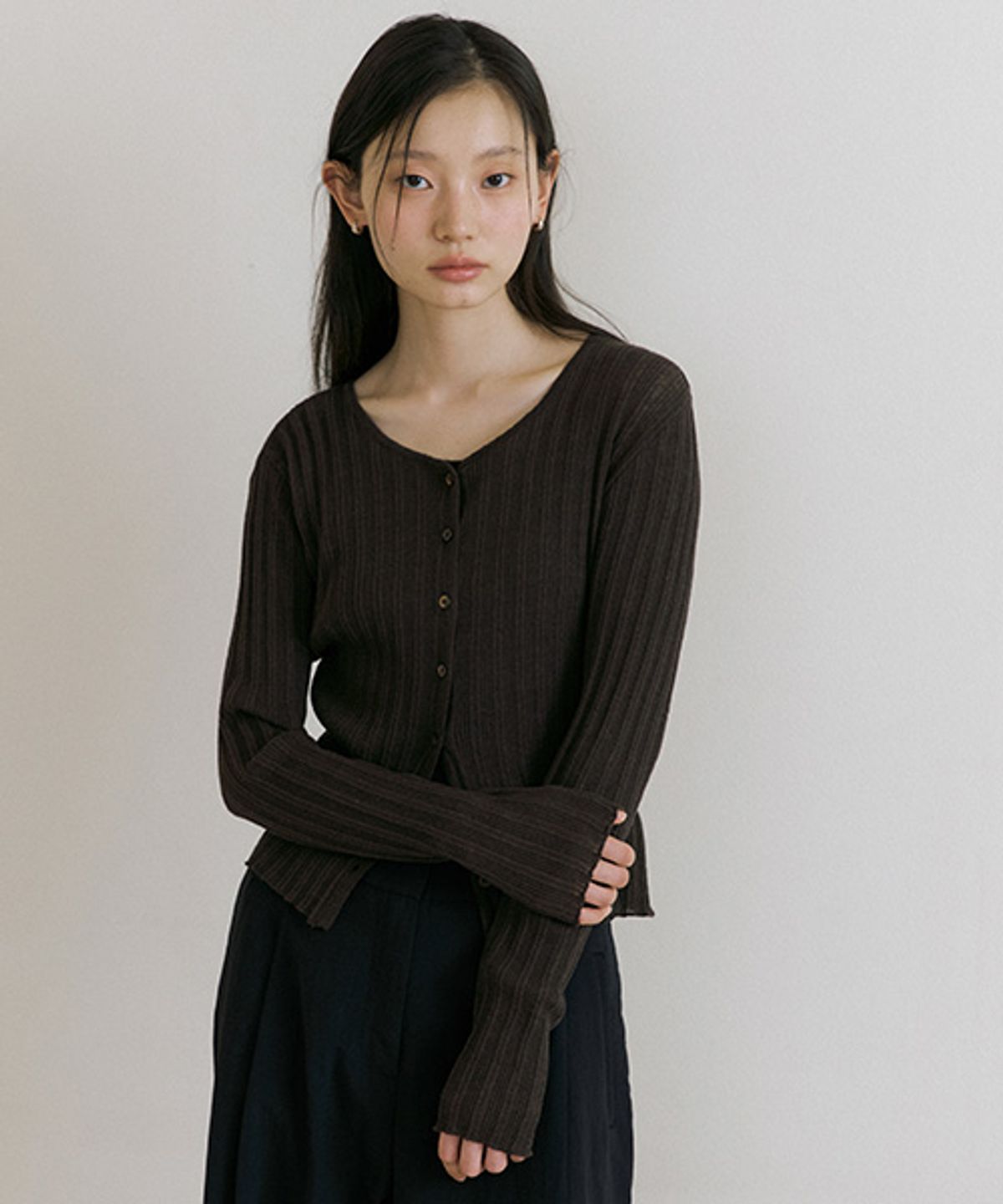 링서울(LINGSEOUL) linen blended ribbed knit cardigan-brown
