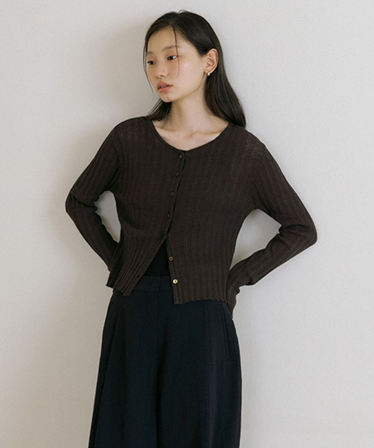 링서울(LINGSEOUL) linen blended ribbed knit cardigan-brown