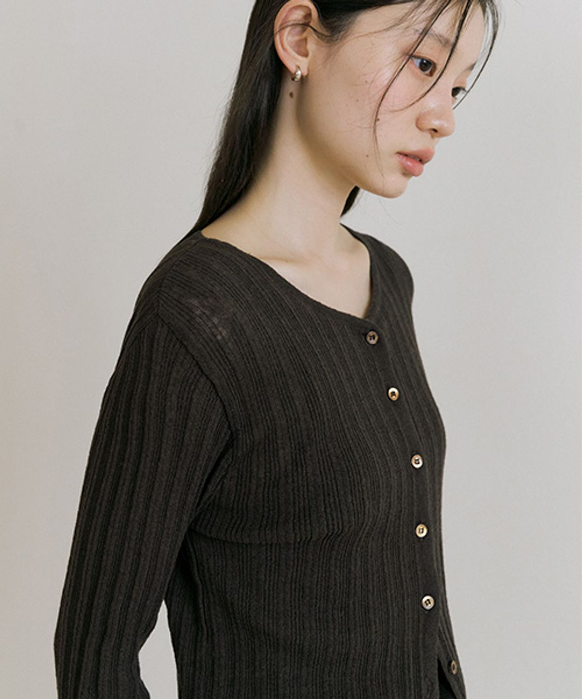 링서울(LINGSEOUL) linen blended ribbed knit cardigan-brown