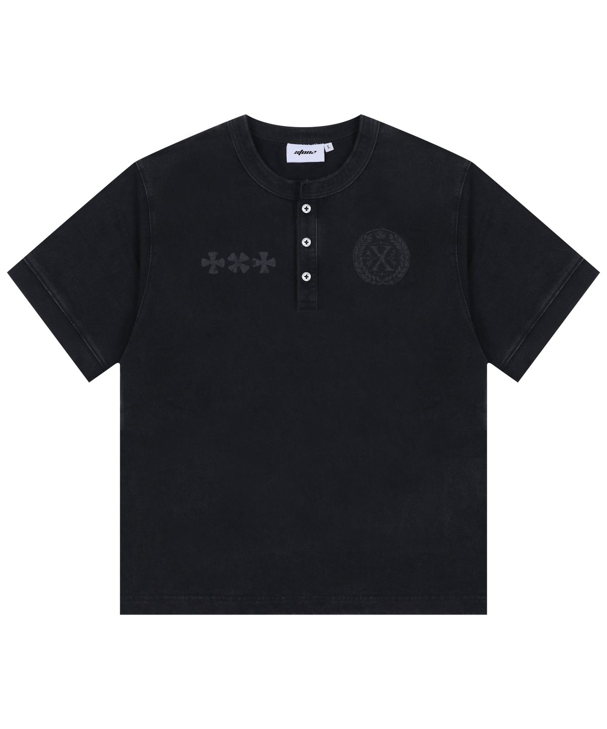 엑스톤즈(XTONZ) XTT141 클로버 빈티지 워싱 헨리넥 티셔츠 (BLACK)