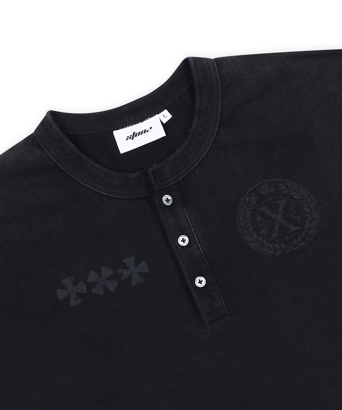 엑스톤즈(XTONZ) XTT141 클로버 빈티지 워싱 헨리넥 티셔츠 (BLACK)
