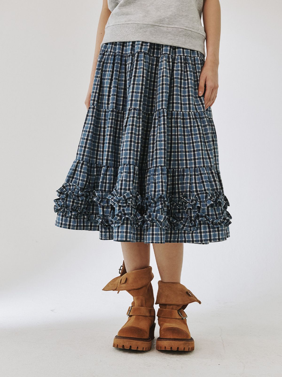 플리즈프로젝트(PLZPROJECT) MIDDLE FRILL SKIRT, BLUE CHECK