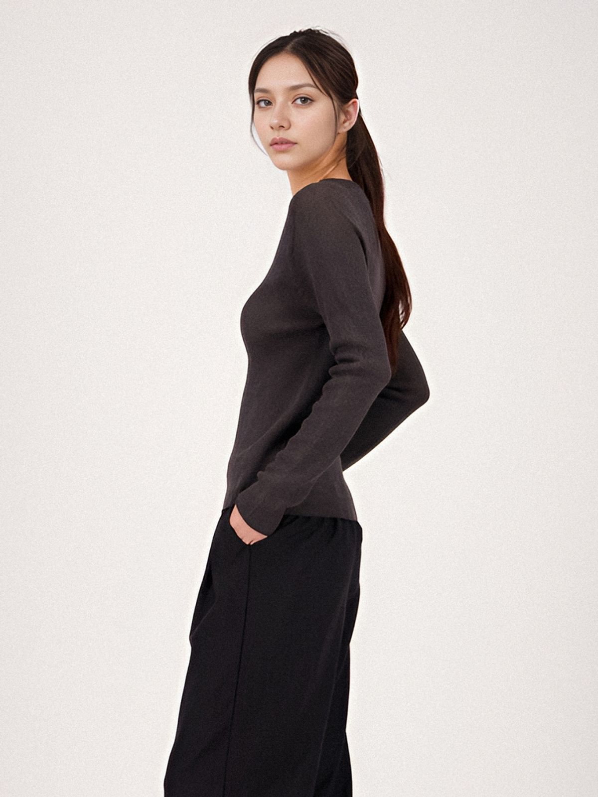 아쿠드(ACUD) Long Sleeve Ribbed Linen Knit _Charcoal
