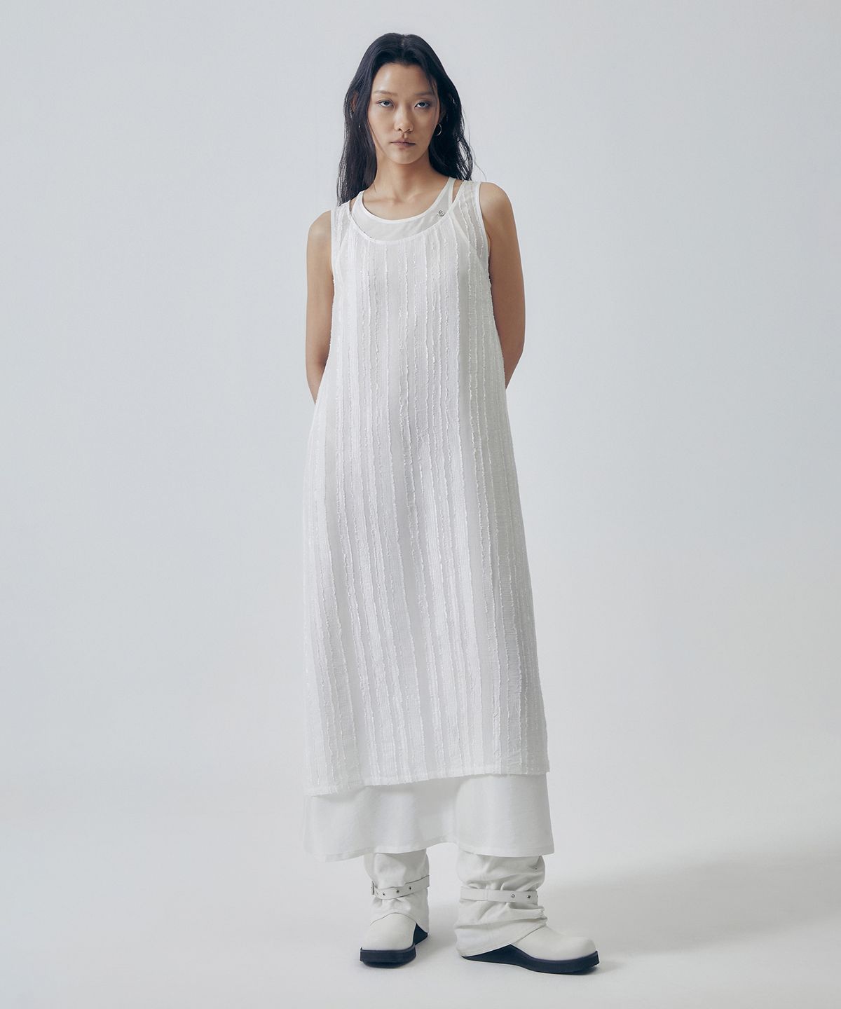 트리밍버드(TREEMINGBIRD) Two-Layer Overlap Dress [ White ]