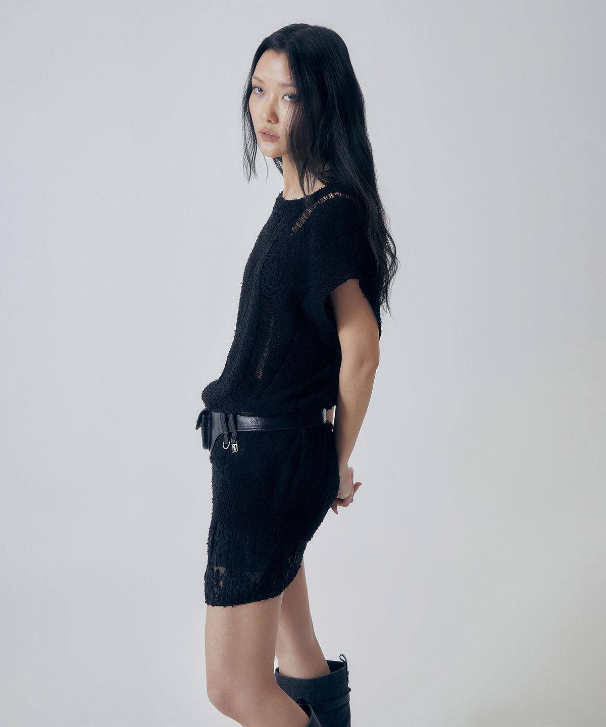 트리밍버드(TREEMINGBIRD) Textured Knit Vest [ Black ]