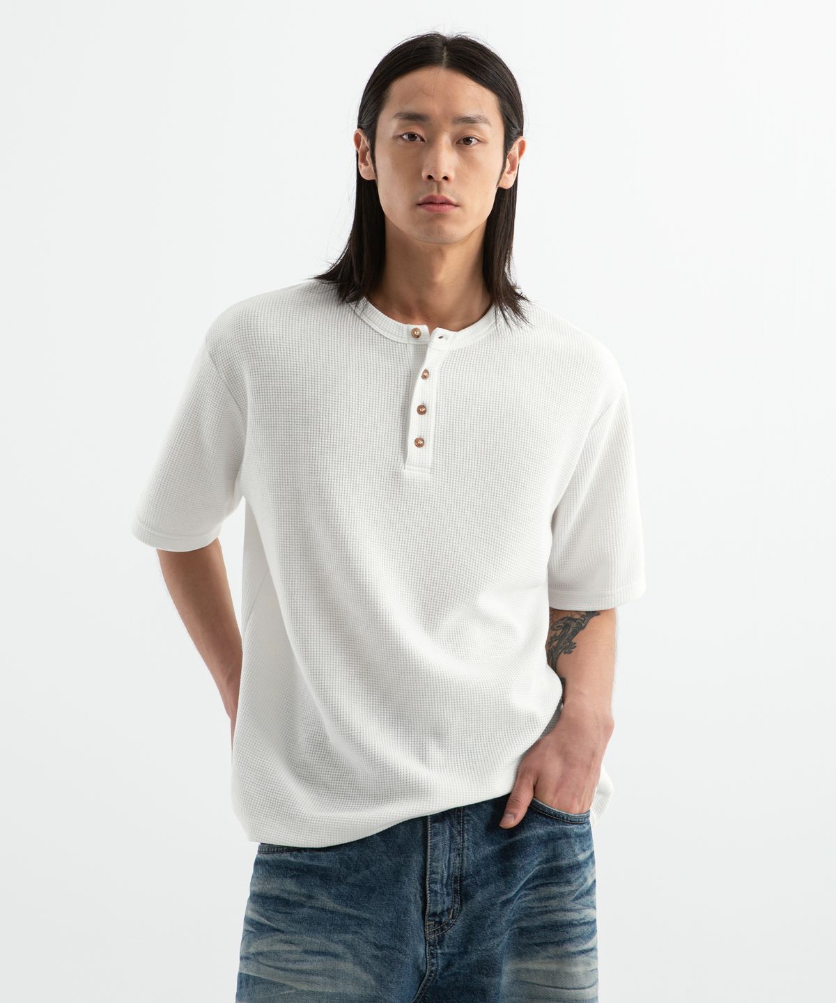 브렌슨(BRENSON) ( Waffle ) 루즈핏 와플 헨리넥 반팔티 ( 4Color )