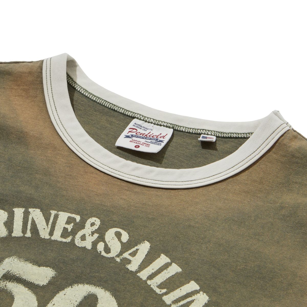 펜필드(PENFIELD) 배색 크롭 워시드 빈티지 반팔티 카키_FR2KT63U