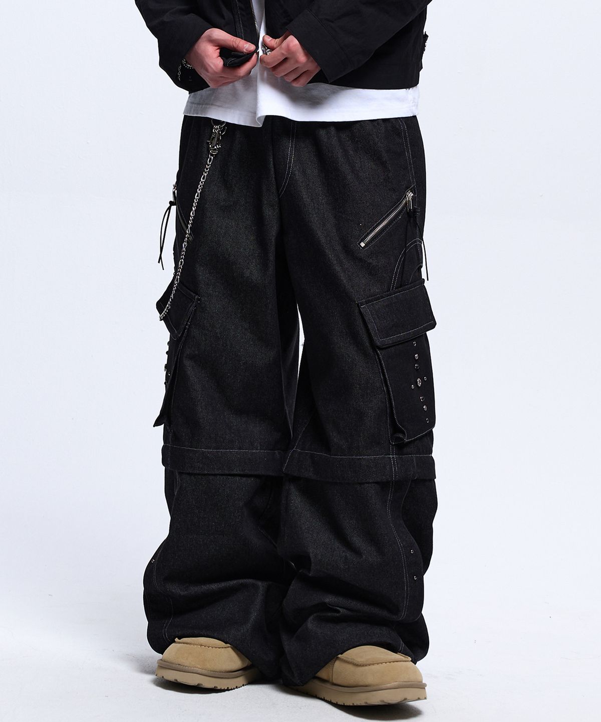 알에스에스씨(RSSC) RIVET CARGO CONVERTIBLE DENIM PANTS - BLACK