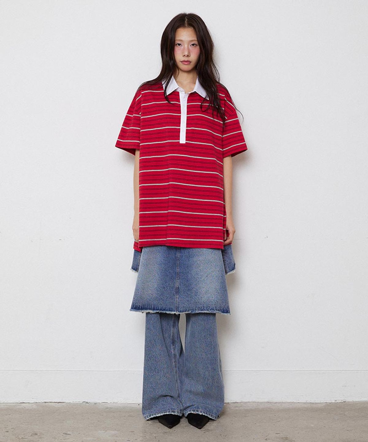 렌세(RENSE) Multi Stripe Rugby Collar T-shirt Red