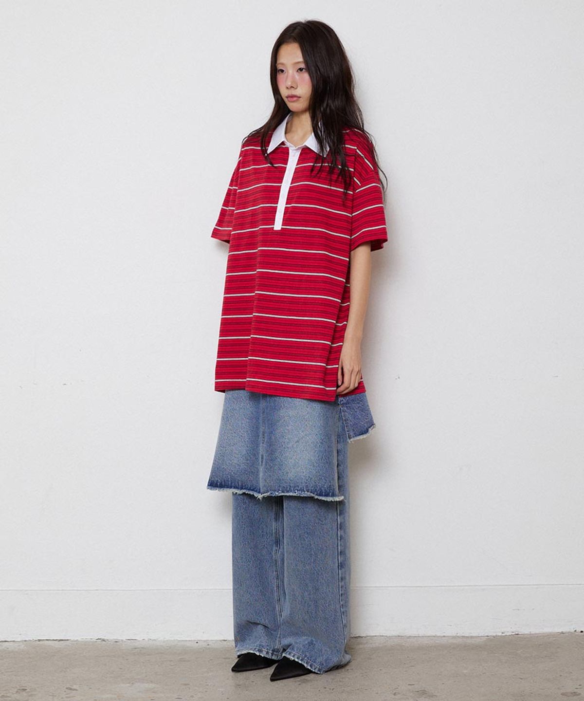 렌세(RENSE) Multi Stripe Rugby Collar T-shirt Red