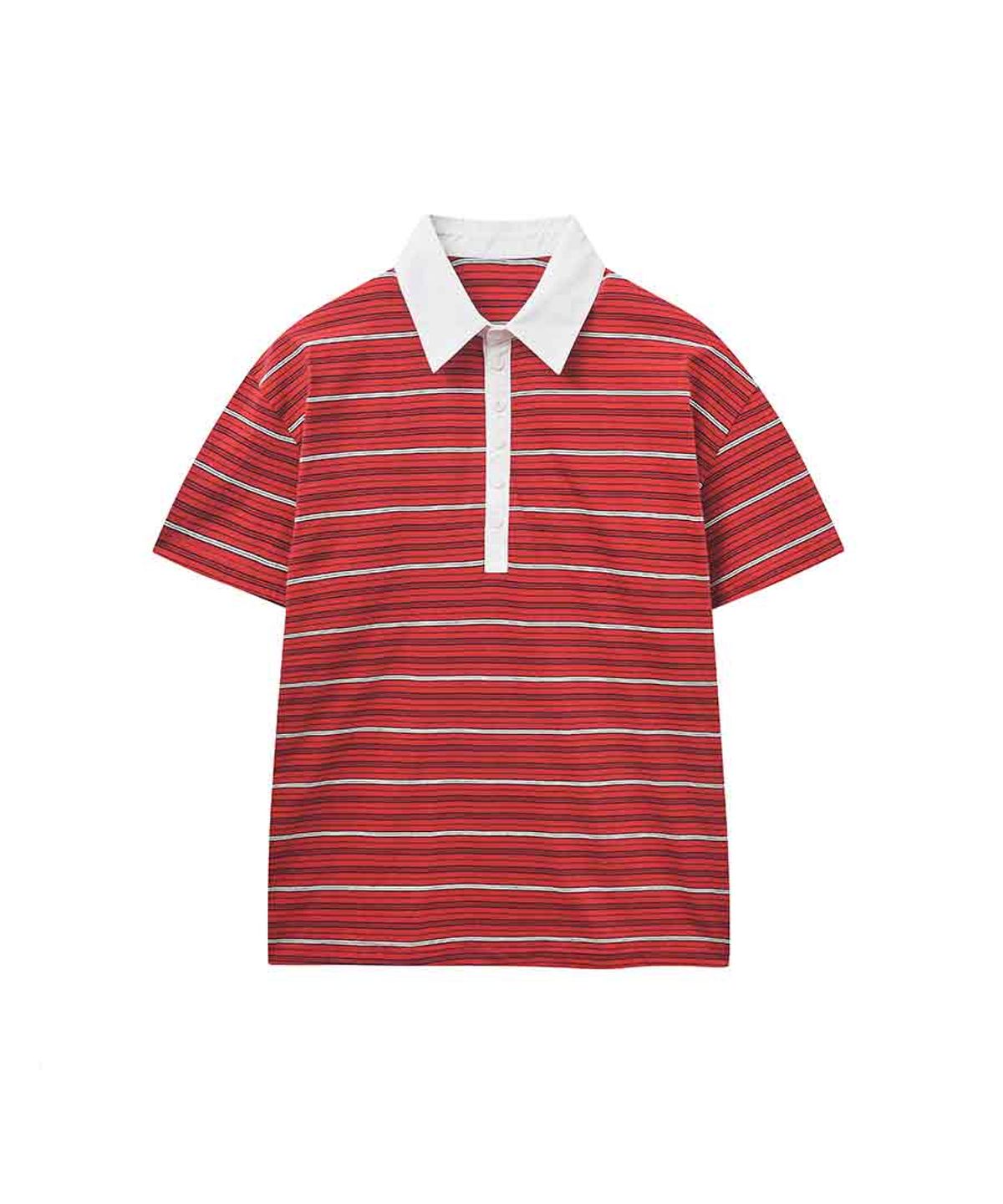 렌세(RENSE) Multi Stripe Rugby Collar T-shirt Red