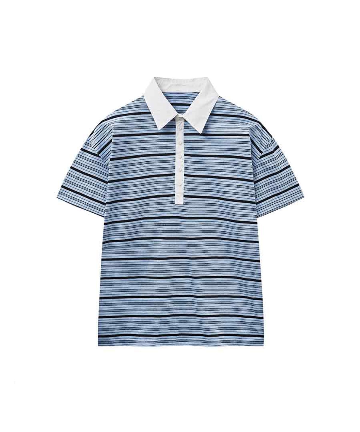 렌세(RENSE) Multi Stripe Rugby Collar T-shirt Sky Blue