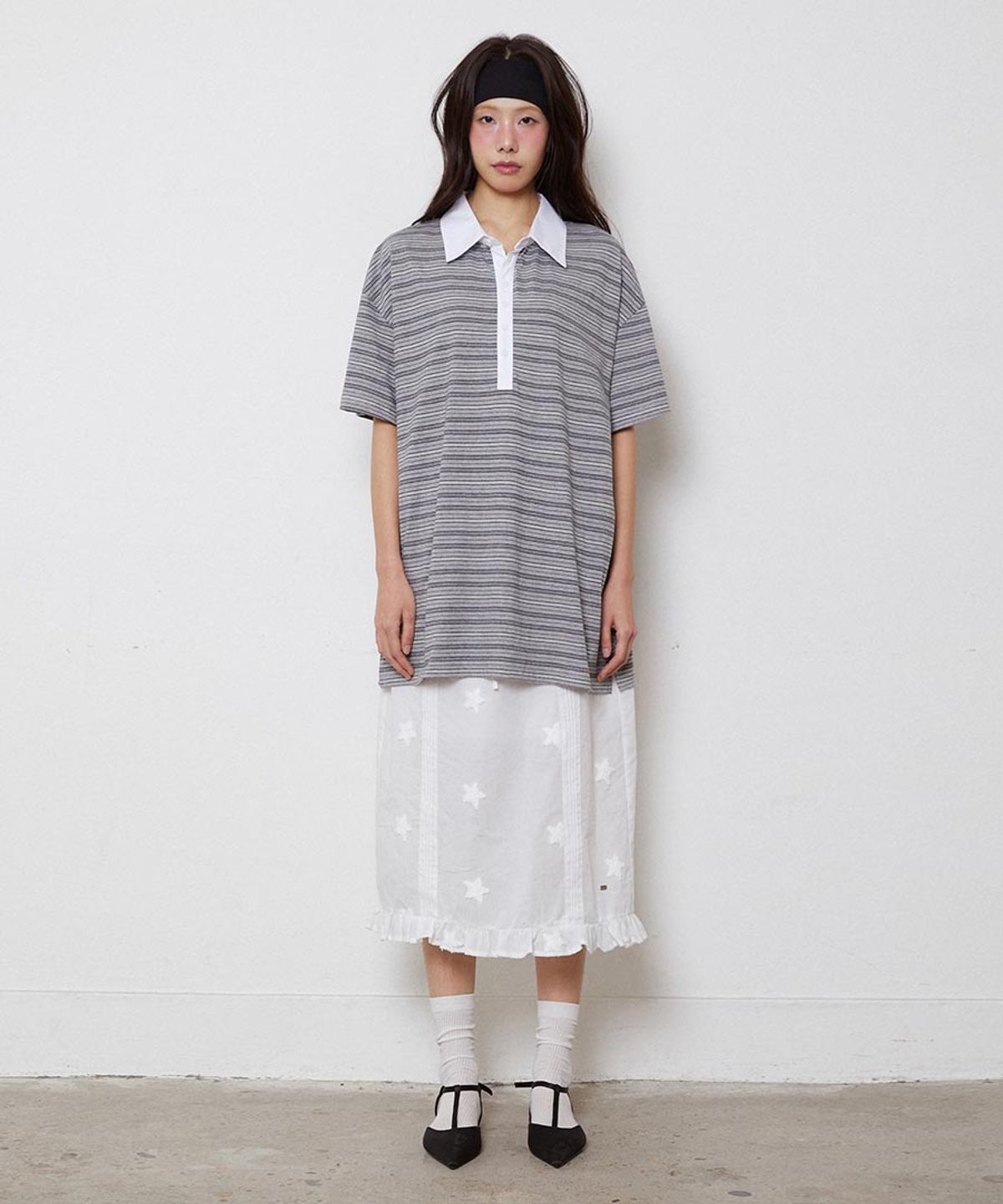 렌세(RENSE) Multi Stripe Rugby Collar T-shirt Gray