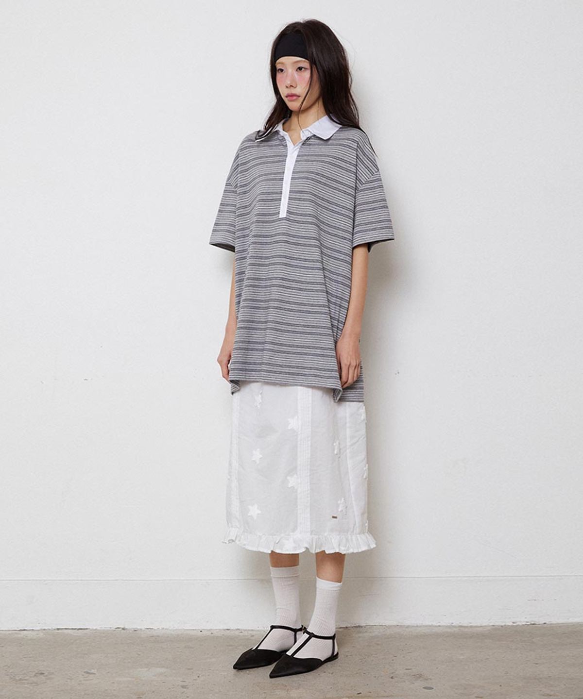 렌세(RENSE) Multi Stripe Rugby Collar T-shirt Gray