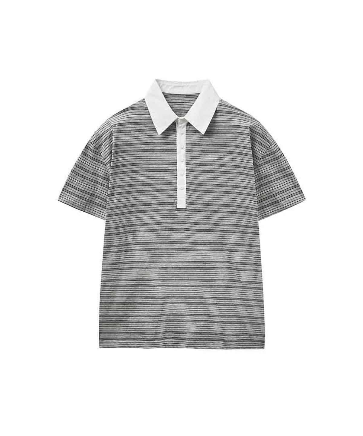 렌세(RENSE) Multi Stripe Rugby Collar T-shirt Gray