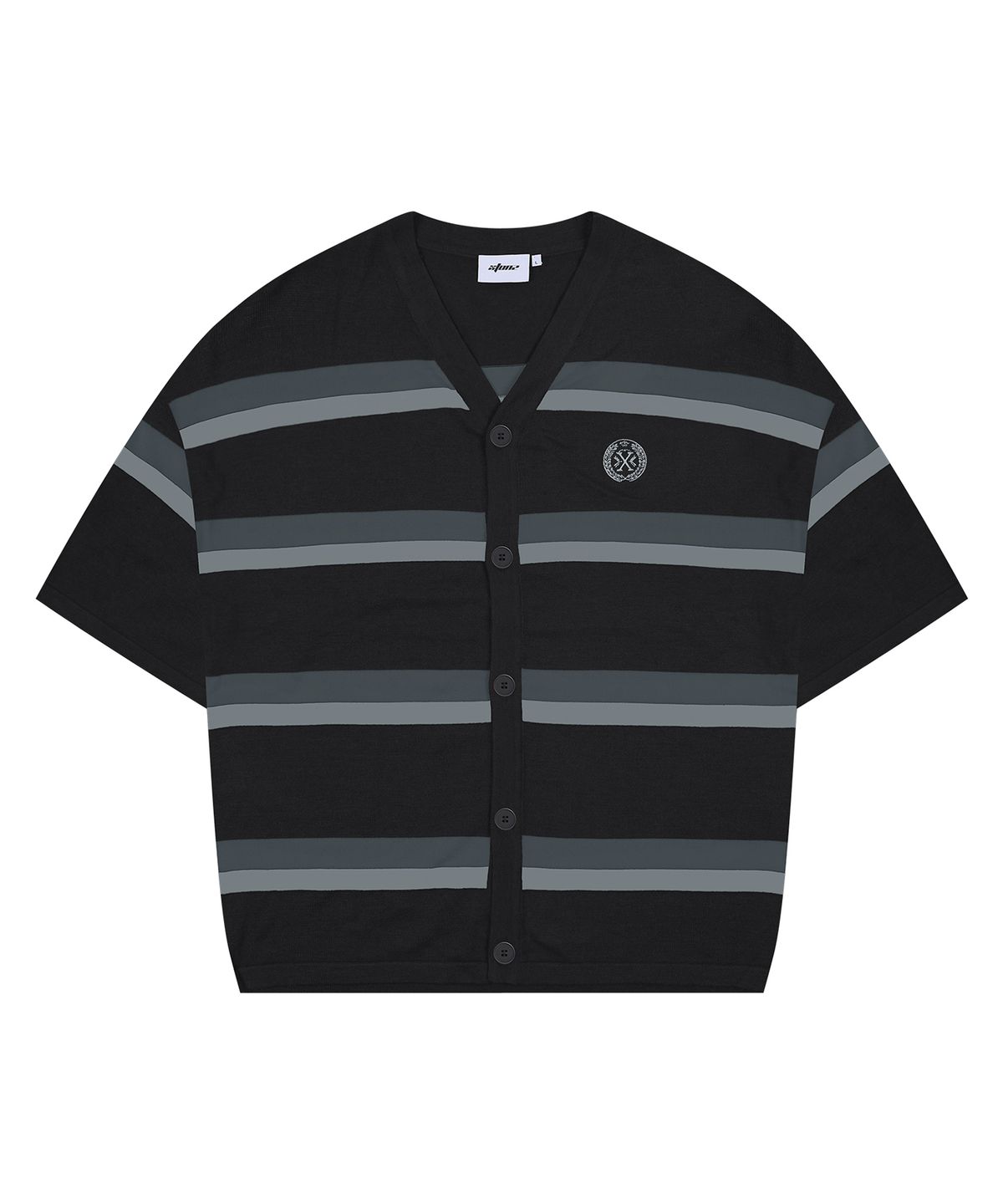 엑스톤즈(XTONZ) XTK144 프레피 스트라이프 반팔 니트 가디건 (BLACK)