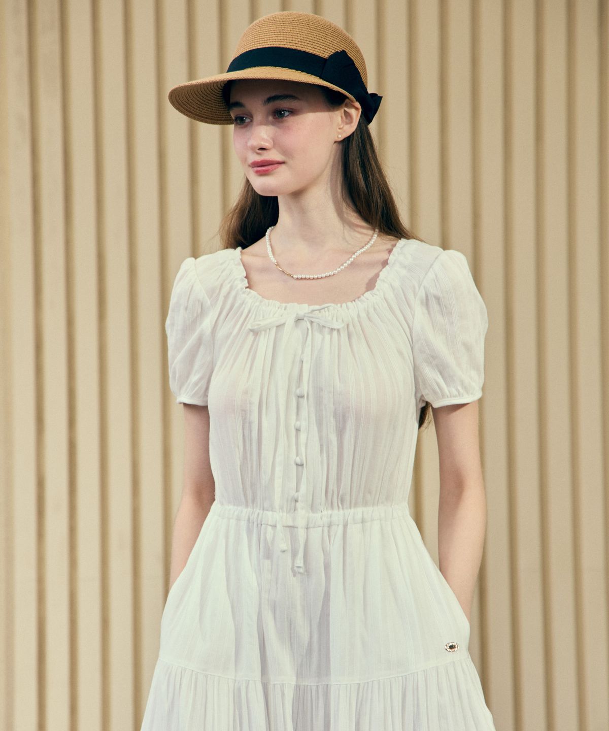 논로컬(NONLOCAL) Ribbon Rattan Sun Visor Hat - Beige