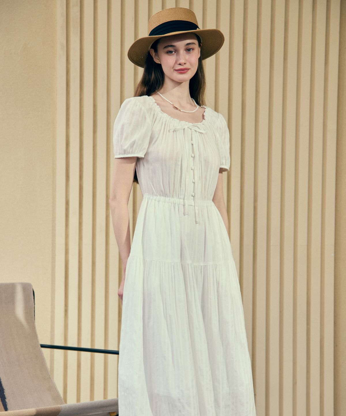 논로컬(NONLOCAL) Gold Label Point Rattan Boater Hat - Beige