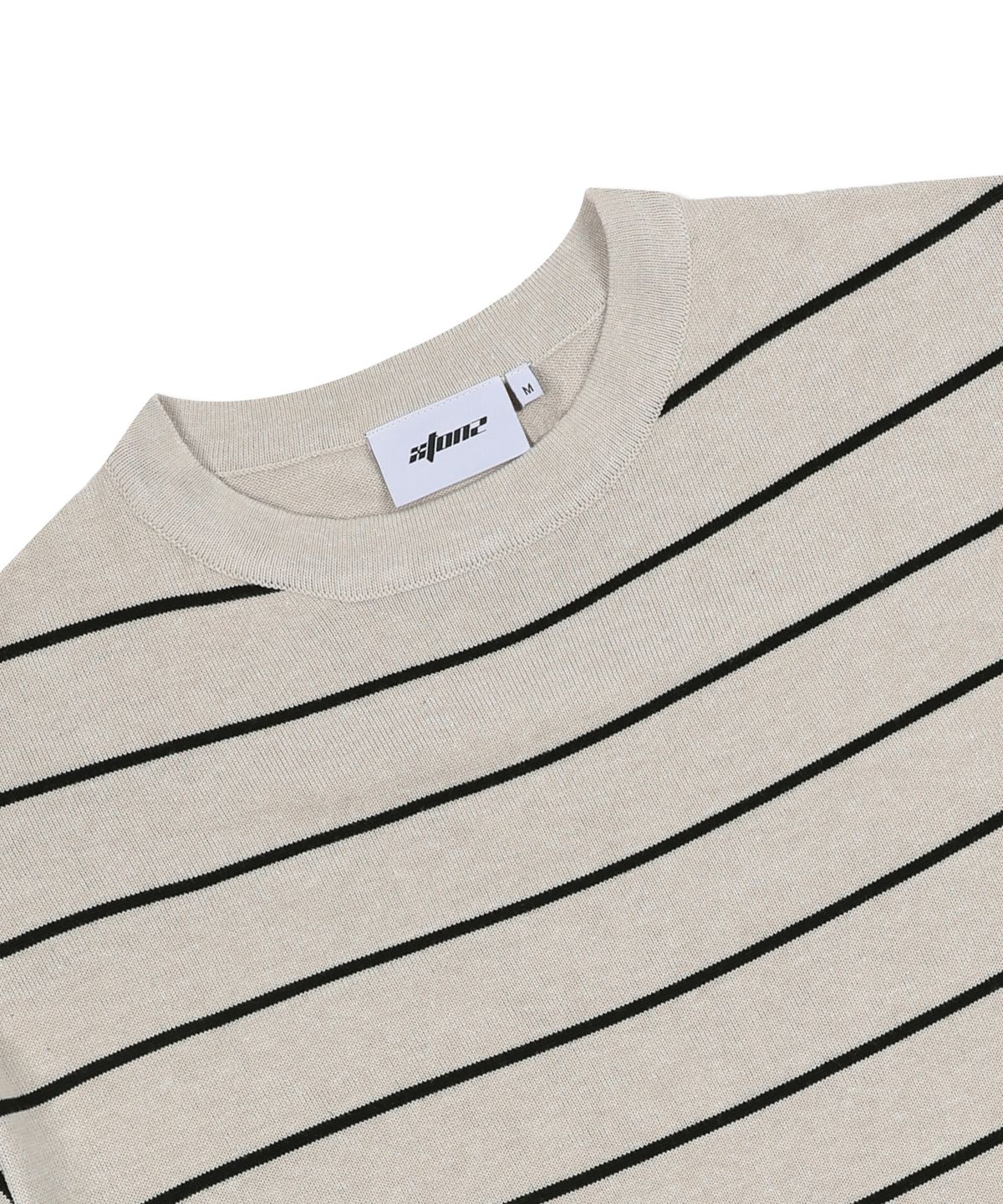 엑스톤즈(XTONZ) XTK153 파이드 스트라이프 라운드 반팔 니트 (DUST BEIGE)