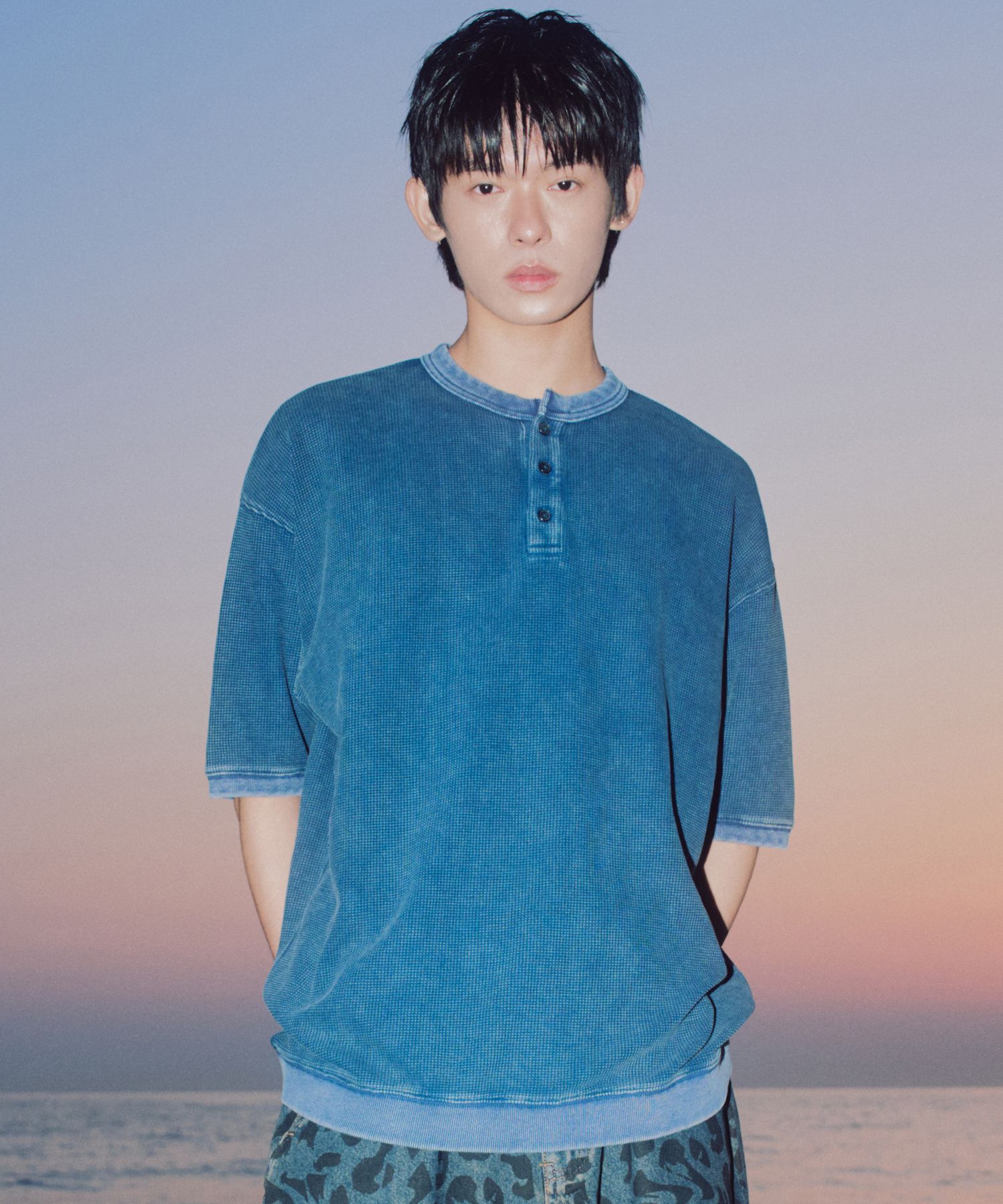 ★XTONZ★ XTT144 Vintage Washed Waffle Henley Neck T-Shirt C MUSINSA | XTONZ XTT144 Vintage Washed Waffle Henley Neck T