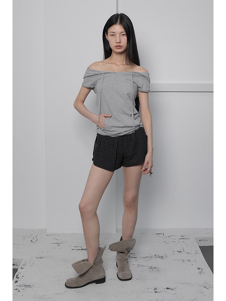 SWEAT HOODIE HALF TOP / GRAY