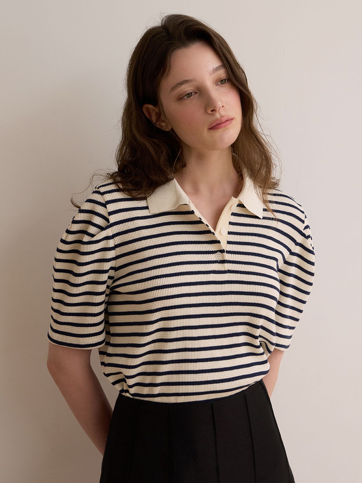 비뮤즈맨션(BEMUSE MANSION) Stripe collar puff top - Navy