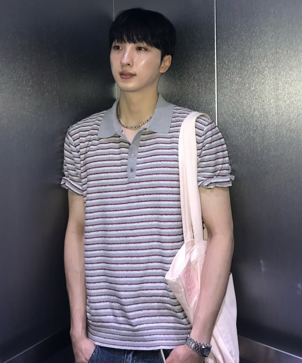 인템포무드(INTEMPOMOOD) 호라이즌 스트라이프 카라 니트_그레이