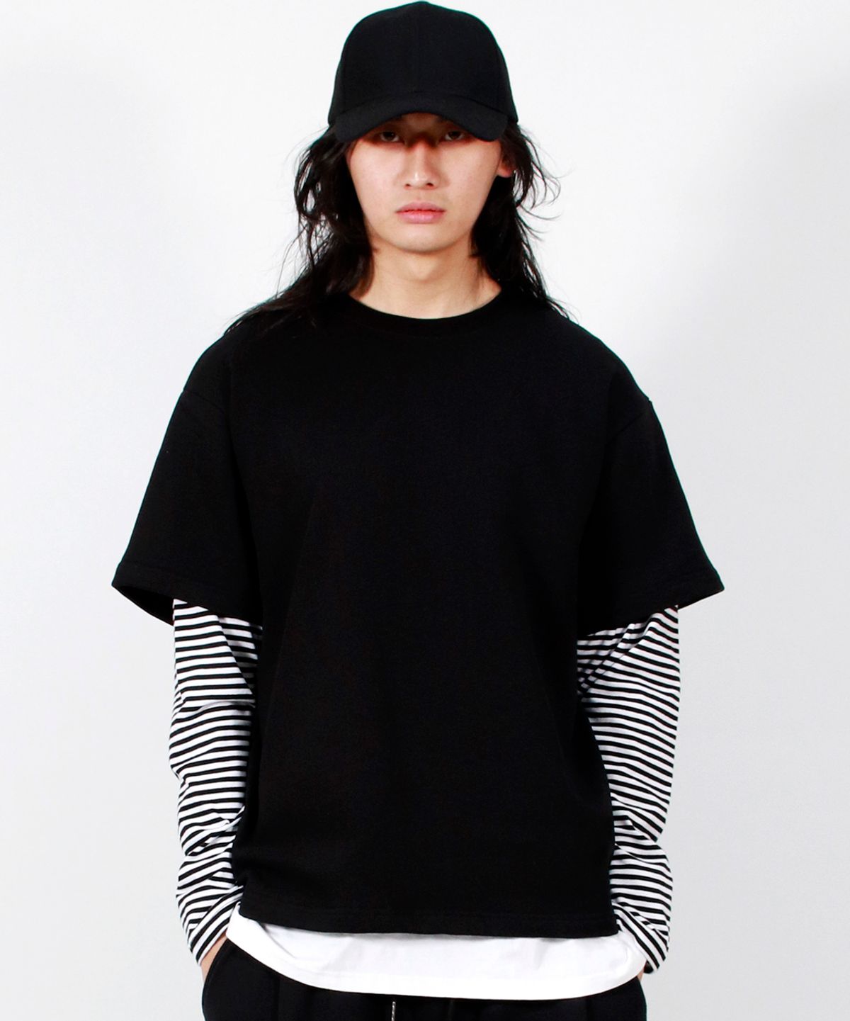드마크(DEMARC) M LAYERED SLEEVE BOXY FIT CREW NECK T-SHIRT BLACK