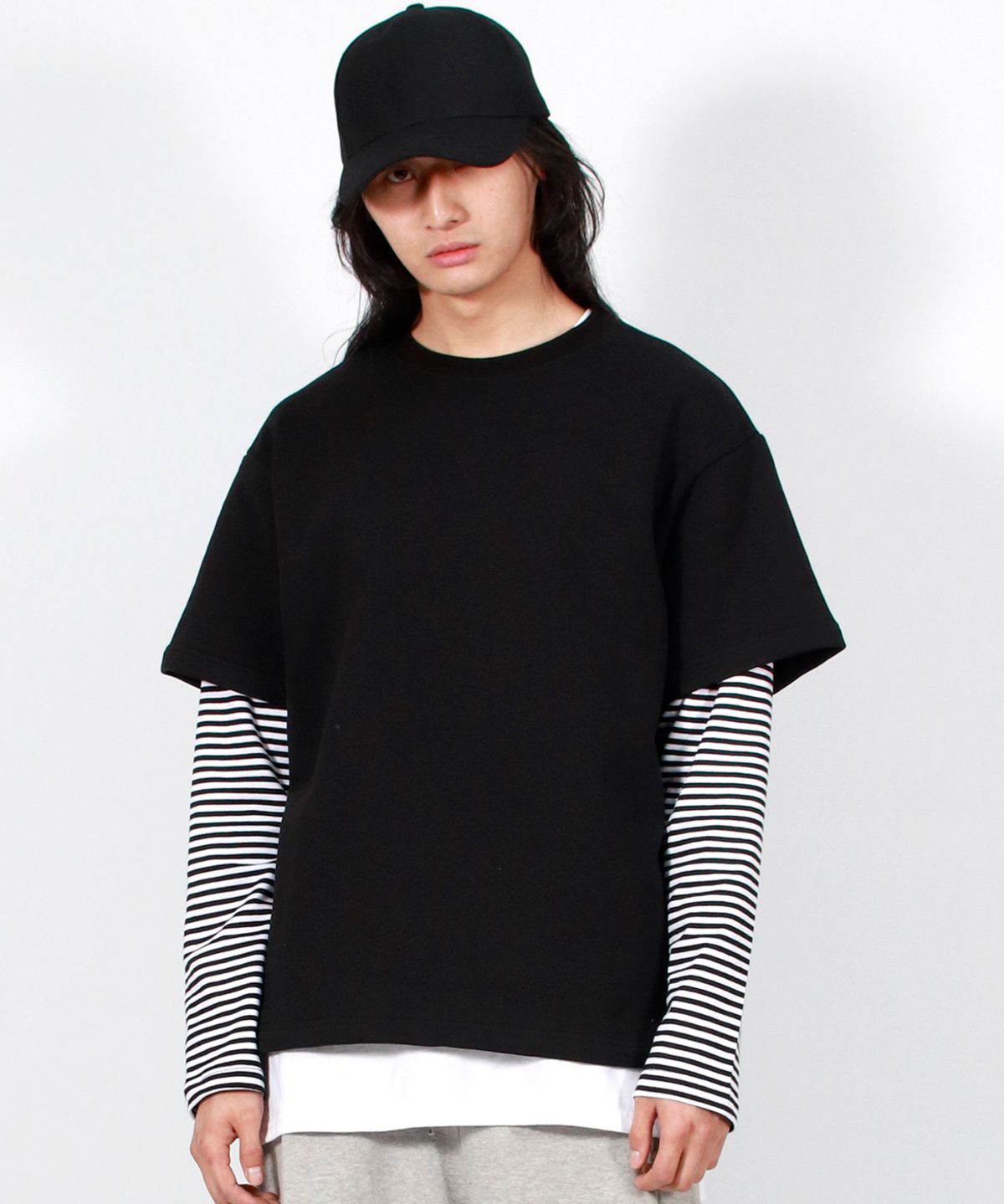 드마크(DEMARC) M LAYERED SLEEVE BOXY FIT CREW NECK T-SHIRT BLACK