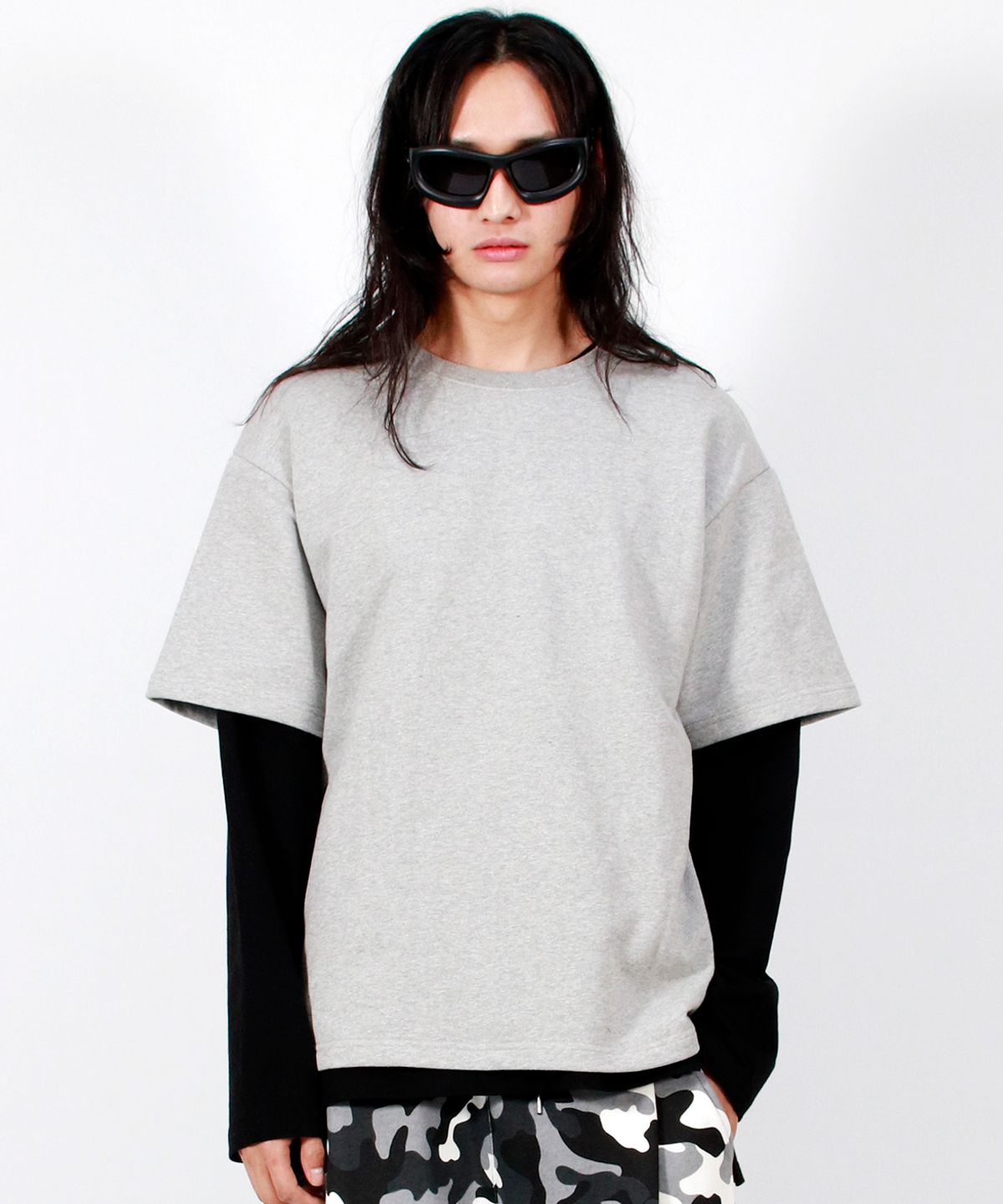 드마크(DEMARC) M LAYERED SLEEVE BOXY FIT CREW NECK T-SHIRT GREY